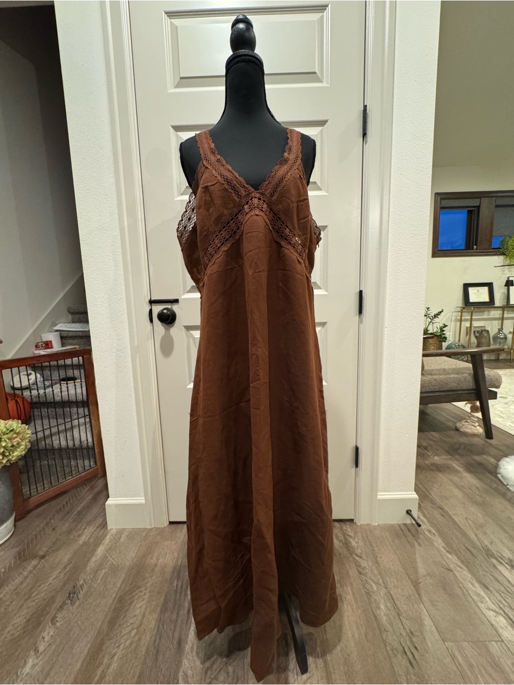 LOFT Brown Lace-Trim Maxi Dress